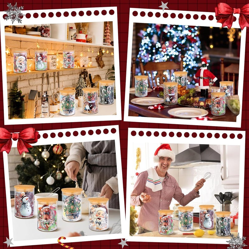 Shellwei 6 Pcs Christmas Glass Storage Jar With Airtight Bamboo Lid Classic Snowman Canister Sets Santa Bell Gift Cookie Jars Christmas Candy Storage 19oz for Kitchen Containers Countertop Decoration - Image 5